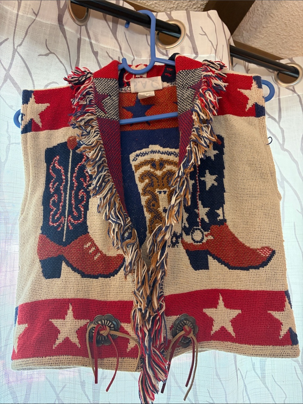Vintage Patriotic Fringe Western Boot Knit Vest - Red, White & Blue